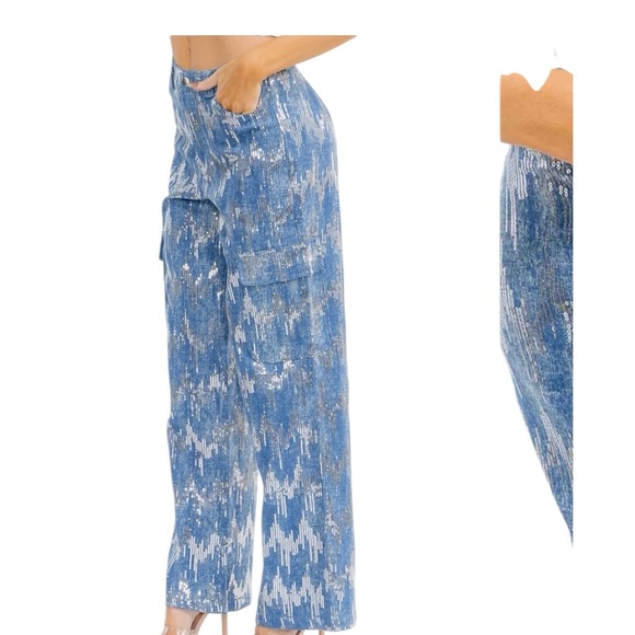 Hot & Delicious Wide Leg Sequin Cargo Denim - Picture 3 of 4